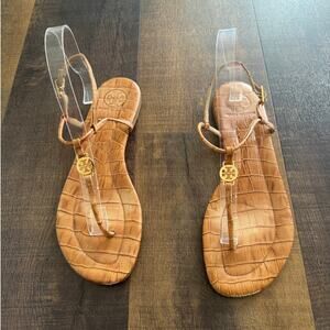 Tory Burch Croc Embossed Leather Thong Sandals Brown Gold Logo Size 9